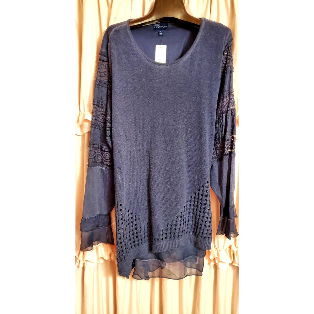 NWT Dark Blue Romantic Ruffled Lace Pullover Tunic Silky Sweater 2X